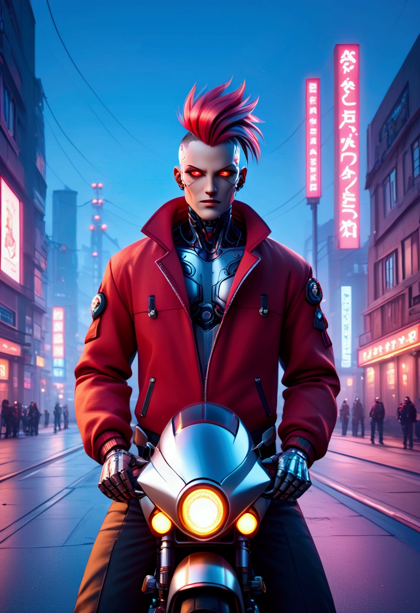 Create a futuristic scene featuring a robotic Santa Claus with metallic features and glowing red eyes, dressed in a classic Santa outfit. He is riding a rugged motorcycle through a bustling urban landscape. Capture the contrast between the whimsical holiday theme and the high-tech, cyberpunk elements of the setting, with neon lights and blurred city life in the background.(((cyber punk)))