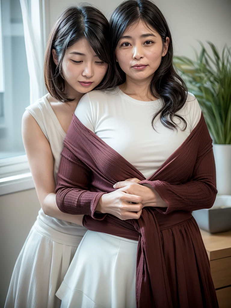 (2 woman:1.6),(40 years old japanese woman and 20 years old japanese woman),(40 years old Japanese woman is a mature woman),[40 years old woman:(afraid face:1.3),(embarrassed, blush ), (ecstasy),(realistic skin) ,(wearing White knit t -shirt),(wearing black long skirt),(brown low ponytail, realistic hair)], [20 years old woman:(Smile face),(wearing black blouse),(wearing long-skirt)], (20 years old woman is grabbing 40 years old woman's chests from behind :1.8),(40-year-old woman has her chests grabbed by a 20-year-old woman:1.8),(40 year old woman is standing),(40 years old woman is screaming with open mouth : 1.2),[40 years old woman is closing eyes: (narrowed eyes:1.4):1.2], In a White wall room with window,(view from front,upper body),(8k,High quality, Ultra detailed, best quality, insanely detailed, beautiful, masterpiece, soft brightness, soft saturation )
