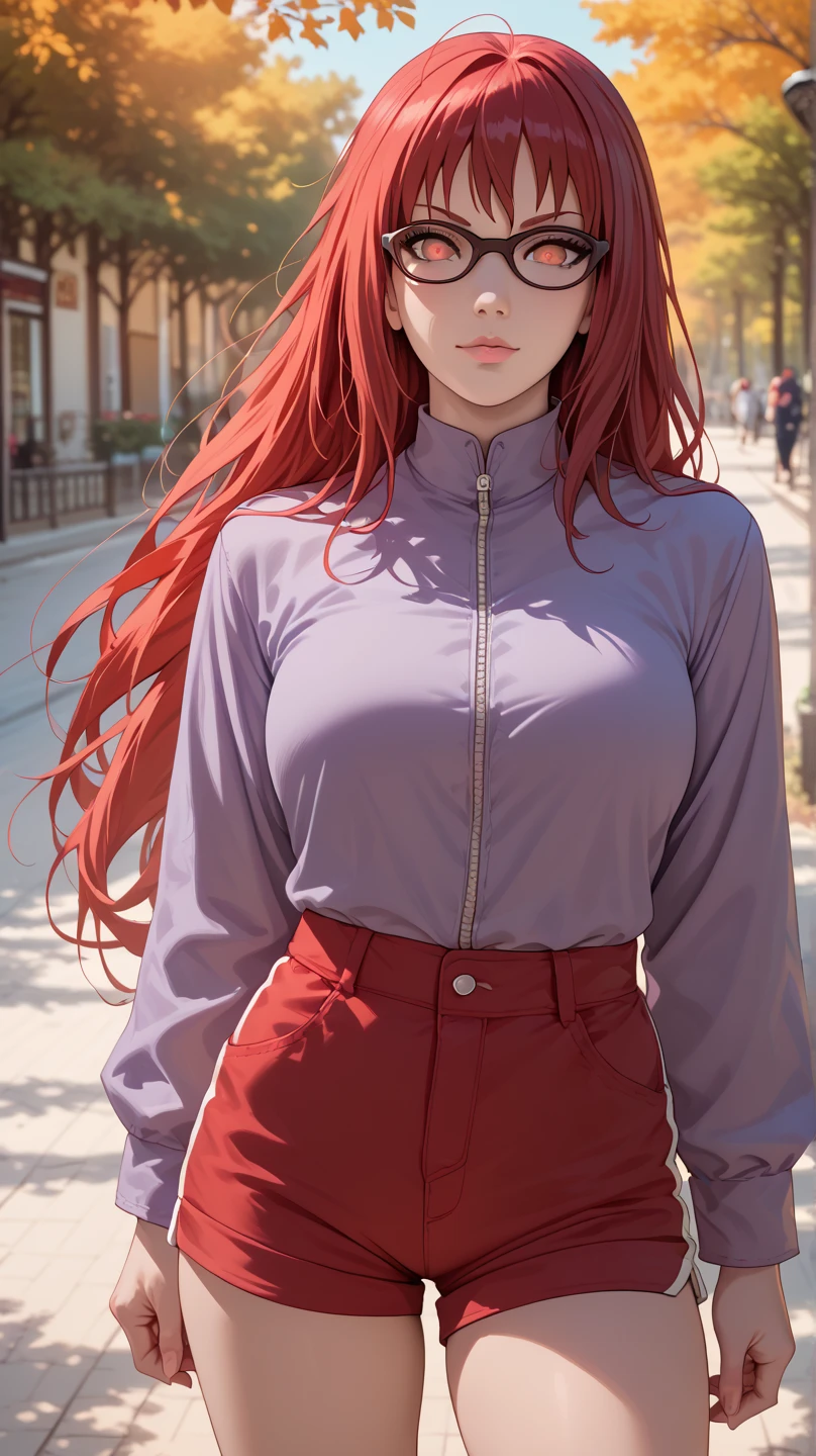 1girl, karin\(Naruto\), Long Hair, Red Hair, Red Eyes, glasses, Purple clothes, red shorts, natural scenery background, photo shoot Best Quality, High Resolution, Anime Style, Looking at viewer, 