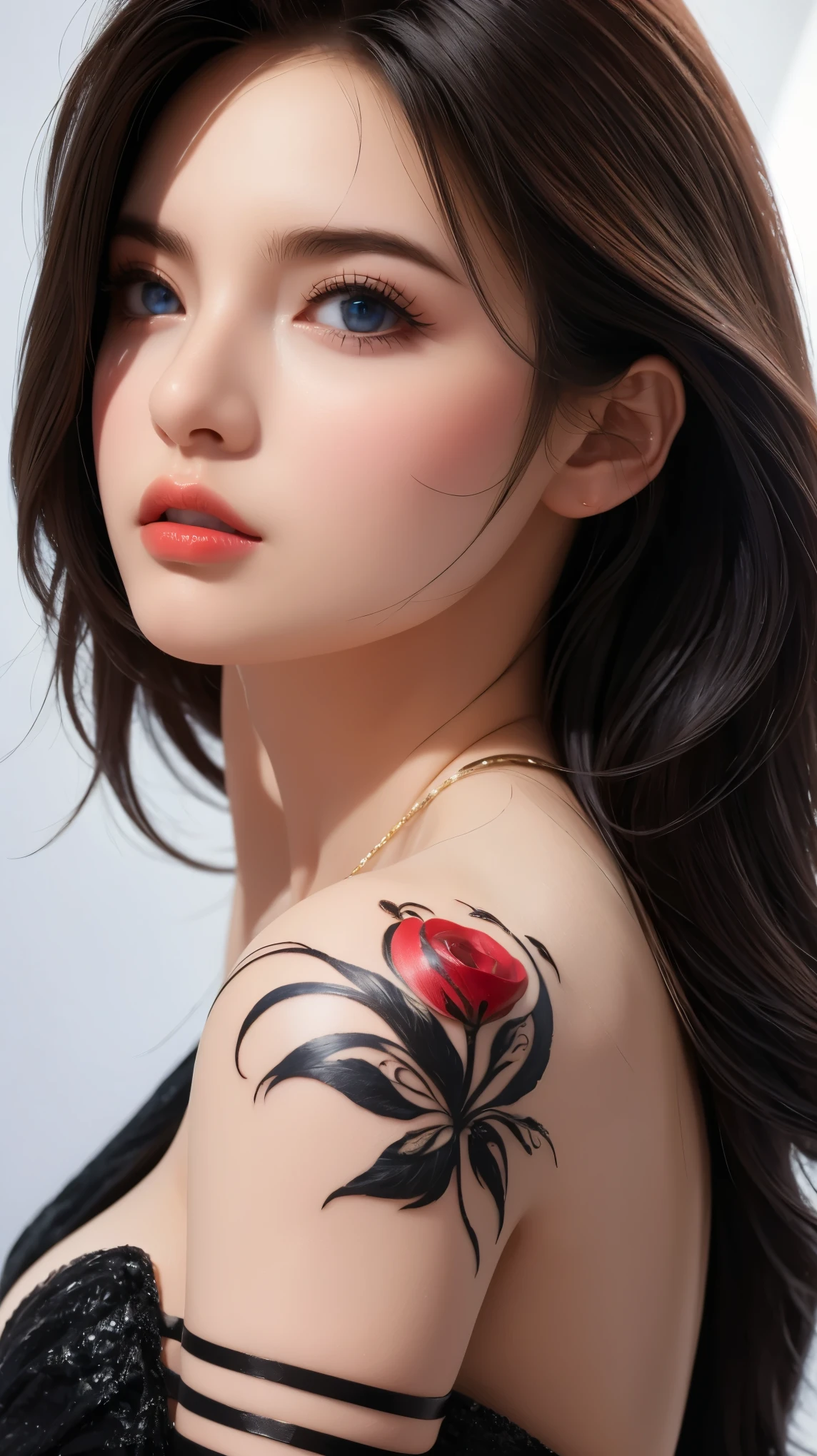 Game Art,Best image quality,Maximum resolution,8k,(A bust photo),(portrait),(Head close-up),(Rule of Thirds),Unreal Engine 5 rendering works,20 year old girl,((Queen)),The eyes are very detailed,(Large Breasts),Elegance and nobility,Movie Lighting,Ray Tracing,Game CG,((3D Unreal Engine)),OC rendering reflection mode,4K,Ultra-clear,Sensual,Translucent lace,Fair and plump figure,Pretty Face,Glossy Gel Coat,Queen in a luxurious gown,Crystal Gem Crown,Necklace jewelry,blue eyes,Black tattoo(whole body),The tattoo is very three-dimensional,Gorgeous and intricate tattoo designs,Ultra-clear portrait,Sexy thick lips(Red lipstick),The body has a tattoo