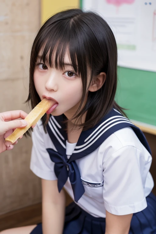 masterpiece, best quality, 8k, official art, raw photo, incredibly absurdres, beautiful girl, pretty face, (sitting, upper body, sailor uniform, serafuku,:1.2), school uniform, shirt, looking at viewer, close up, teen, classroom, bow tie, navy pleated skirt, ultra realistic, highres, photography, film grain, chromatic aberration, sharp focus, facelight, dynamic lighting, cinematic lighting, highest detailed, extreme detailed, ultra detailed, finely detail,  extremely detailed eyes and face,short straight hair,bangs parted to the left and right,(eating a popsiclein hand,Leaning forward:1.2),(tongue:1.3), junior high school girl, thin waist,flat chest, (innocent-looking face),(fellatio,irrumatio, oral, solo focus, hetero, pov, veiny penis,hand on another's head, saliva,cum in mouth)