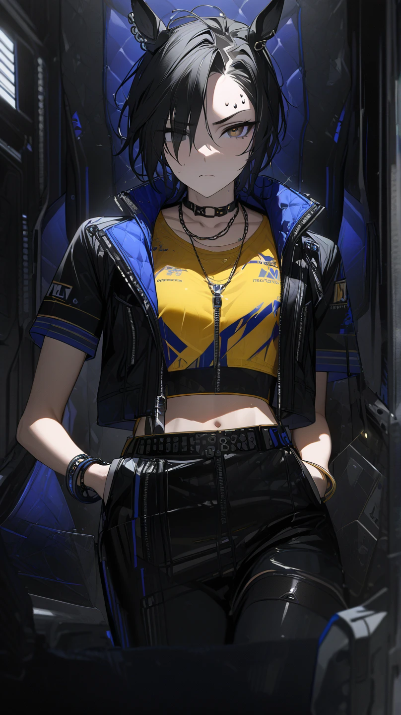  top quality , masterpiece,  high definition ,  Ultra Fine,, accurate, masterpiece, 
Dark interior, Dark Background,
 sitting,  Gaming Chair,serverルーム, server,  keyboard \( computer \),  Monster Energy, cool woman ,
 yellow shirt,  yellow tank top,  side cutouts ,  black choker,  necklace, Short sleeve, Shoulder cutting,  crop top, Blue Collar,  cropped jacket,  black jacket,  open jacket, zipper,  wristbands,  bracelet, belt,
Horse ears, silver piercing above left eyebrow, closeup ,Hands in pockets, 1 girl, solo,  flat chested, with a little bit of sadness, 