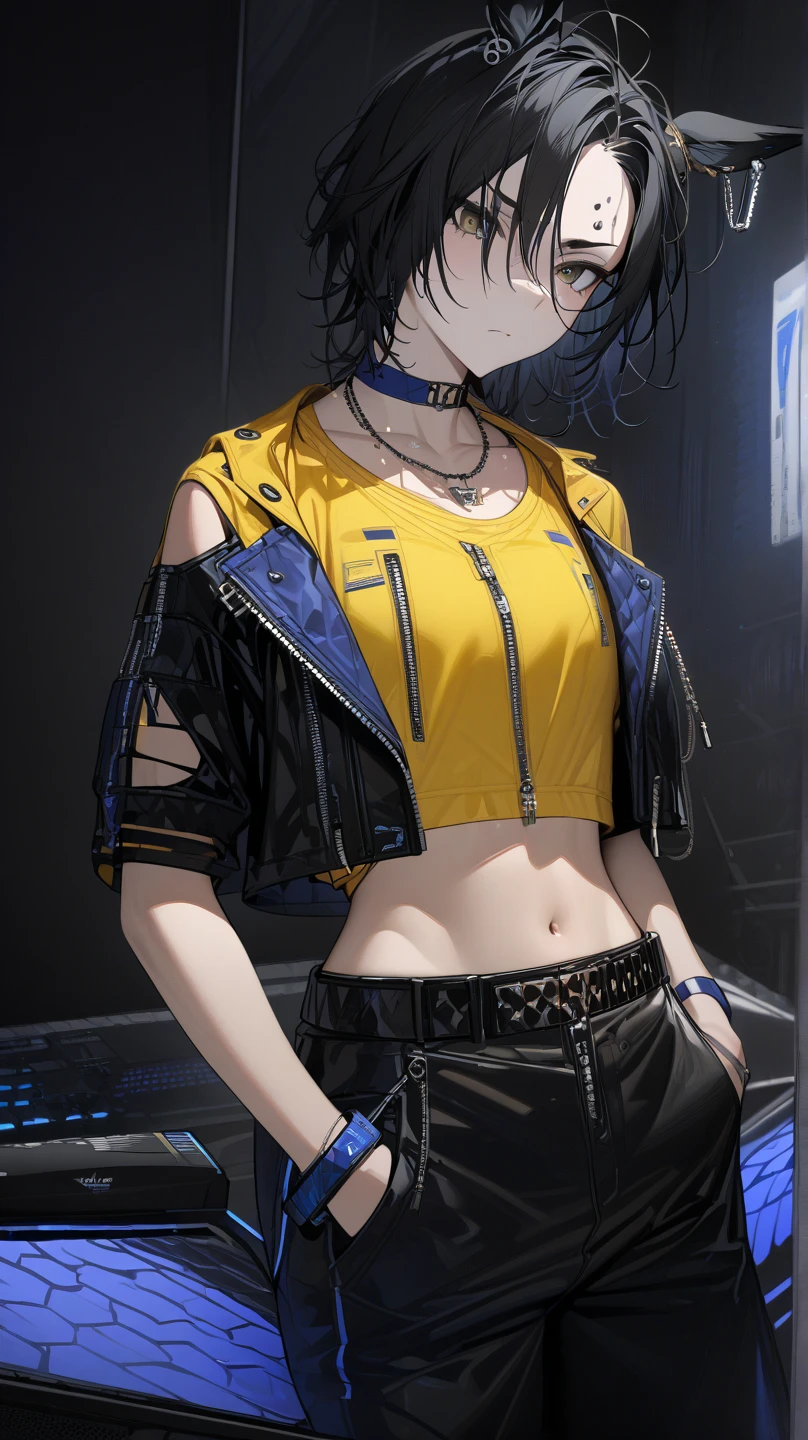  top quality , masterpiece,  high definition ,  Ultra Fine,, accurate, masterpiece, 
Dark interior, Dark Background,
 sitting,  Gaming Chair,serverルーム, server,  keyboard \( computer \),  Monster Energy, cool woman ,
 yellow shirt,  yellow tank top,  side cutouts ,  black choker,  necklace, Short sleeve, Shoulder cutting,  crop top, Blue Collar,  cropped jacket,  black jacket,  open jacket, zipper,  wristbands,  bracelet, belt,
Horse ears, silver piercing above left eyebrow, closeup ,Hands in pockets, 1 girl, solo,  flat chested, with a little bit of sadness, 