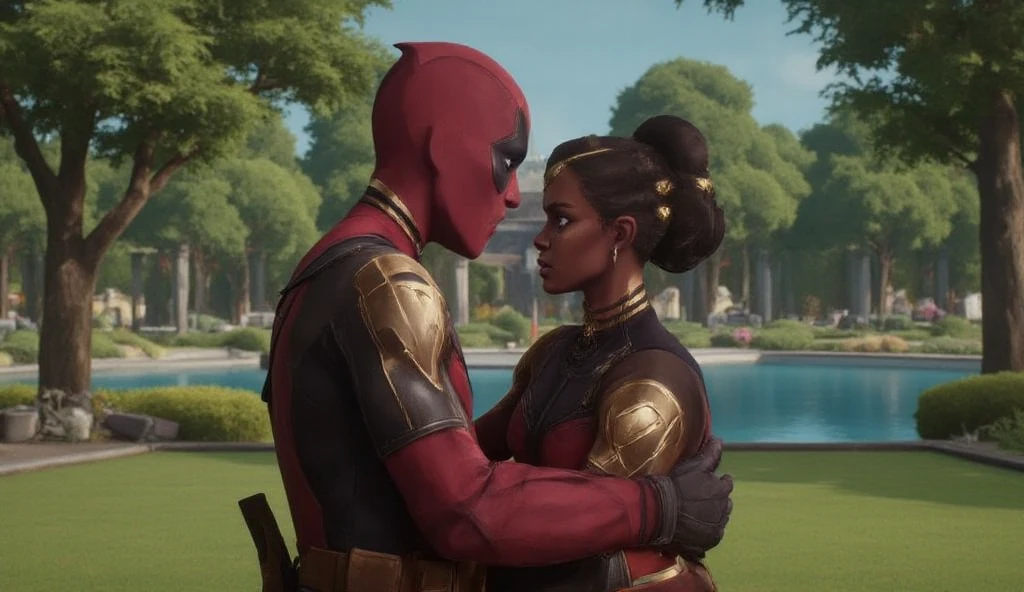 deadpool and Mel Medarda hugging each other at the park, realistic