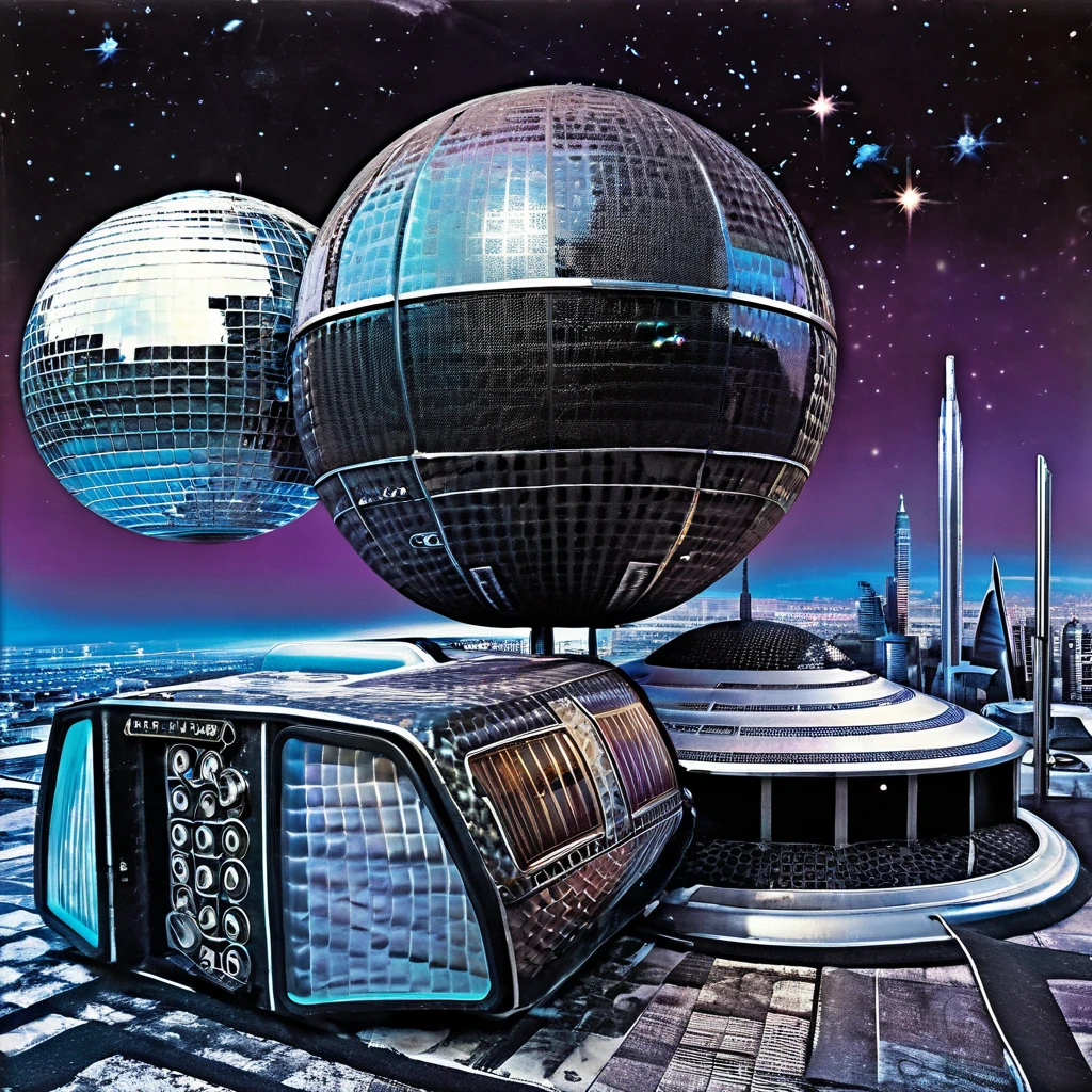 A funky Futuristic City, Disco ball Spaceship, A Weathered 1976 Photorealistic Vinyl Album Cover "Space Soul" for the Funky Parliament Funkadelia Black Audaciously Dressed disco trio 1976 Funk band album
