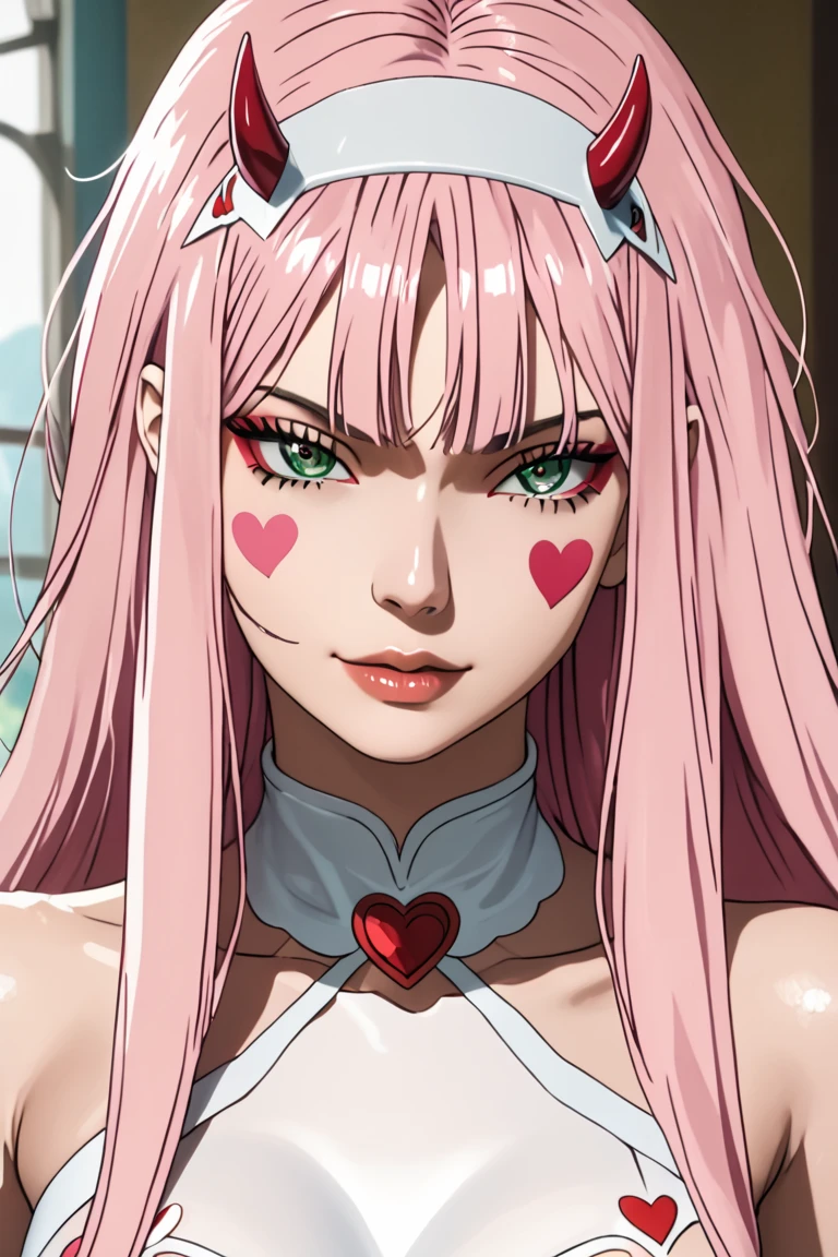 (  Masterpiece,   better quality ),  a girl, Darling,2d, diadema, white headband,  beautiful face, Shiny hair , make-up,  eye shadow,  very long hair, shaggy bangs,( pink hair  largo ),Horns,Horns rojos pequenas dajas,(  pink hair )(  pink hair  ),(  green eyes), cold weights  , High quality,ultra detailed ,extremely large breasts,  big thighs,  self-adhesive stickers for nipples heart-shaped lingerie..