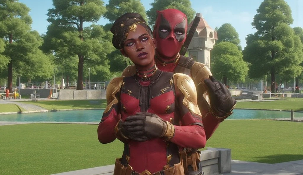 deadpool and Mel Medarda hugging each other at the park, realistic