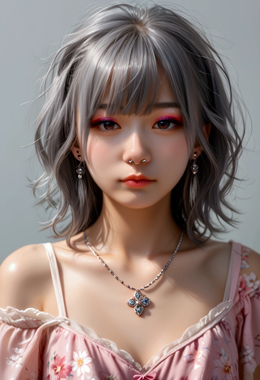 ((Close-up of a woman with tattoos on her chest)), girl, Short white hair with bangs, Black strands of hair, Purple eyes, White T-shirt and white cape, Pendant around the neck. 超High resolution.Photorealistic. 超High resolution.Photorealistic:1.4,超High resolution. Realistic,High resolutionで, masterpiece, Highest quality, Very detailed, Better Shadows, Volumetric lighting), super high quality, High resolution, 8k, Ultra-Realistic Portraits , Photorealistic, Dynamic Lighting, Volumetric lighting, Very detailed顔,(NSFW:0.9),Large Breasts