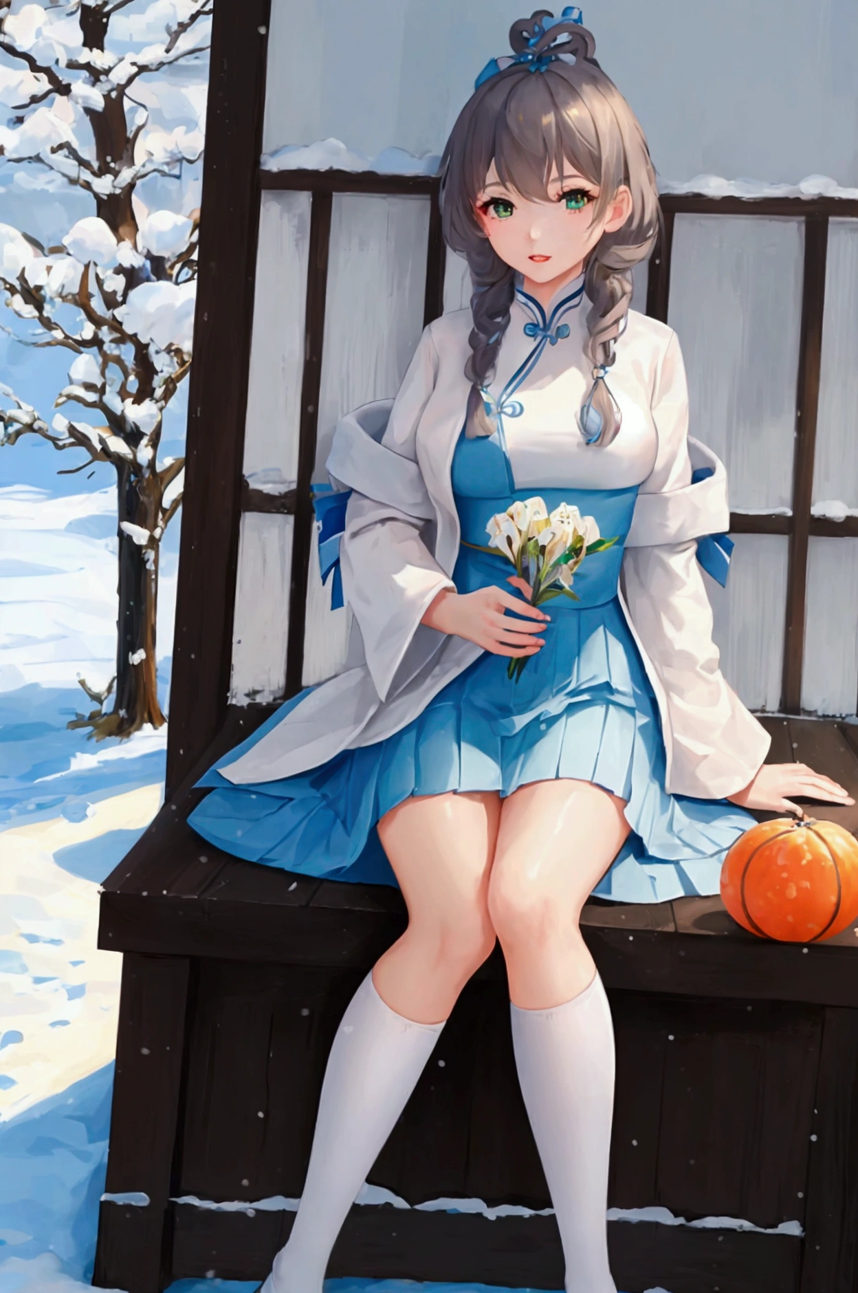  a girl ， white shirt ， blue pleated skirt ， with curly lashes， has a delicate melon face ，, thin red lips ，Liu Mei's long slender dress is underneath a pair of snow-white, slender jade feet， White Knee-High Socks 