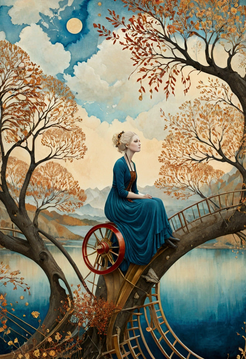 oil and acrylic painting. In the style of Andy Kehoe and Tracy Grimwood, Catrin Welz-Stein, Klimt. wide shot of a (Blue-eyed blonde woman) sitting on a large Ferris wheel on the shore of a lake in autumn afternoon. Twisted trees, branches are transparent blown glass expanding skyward in ellipses. Dandelion blossoms, poppies, pampas grass, cherry blossoms, dried flowers bloom. Disc-shaped polychrome sun buds with marbled spirals, sunbeams like strands of coral, vitrified ambers. Warm colors, ochre yellows, browns, shades of blue, reds.
