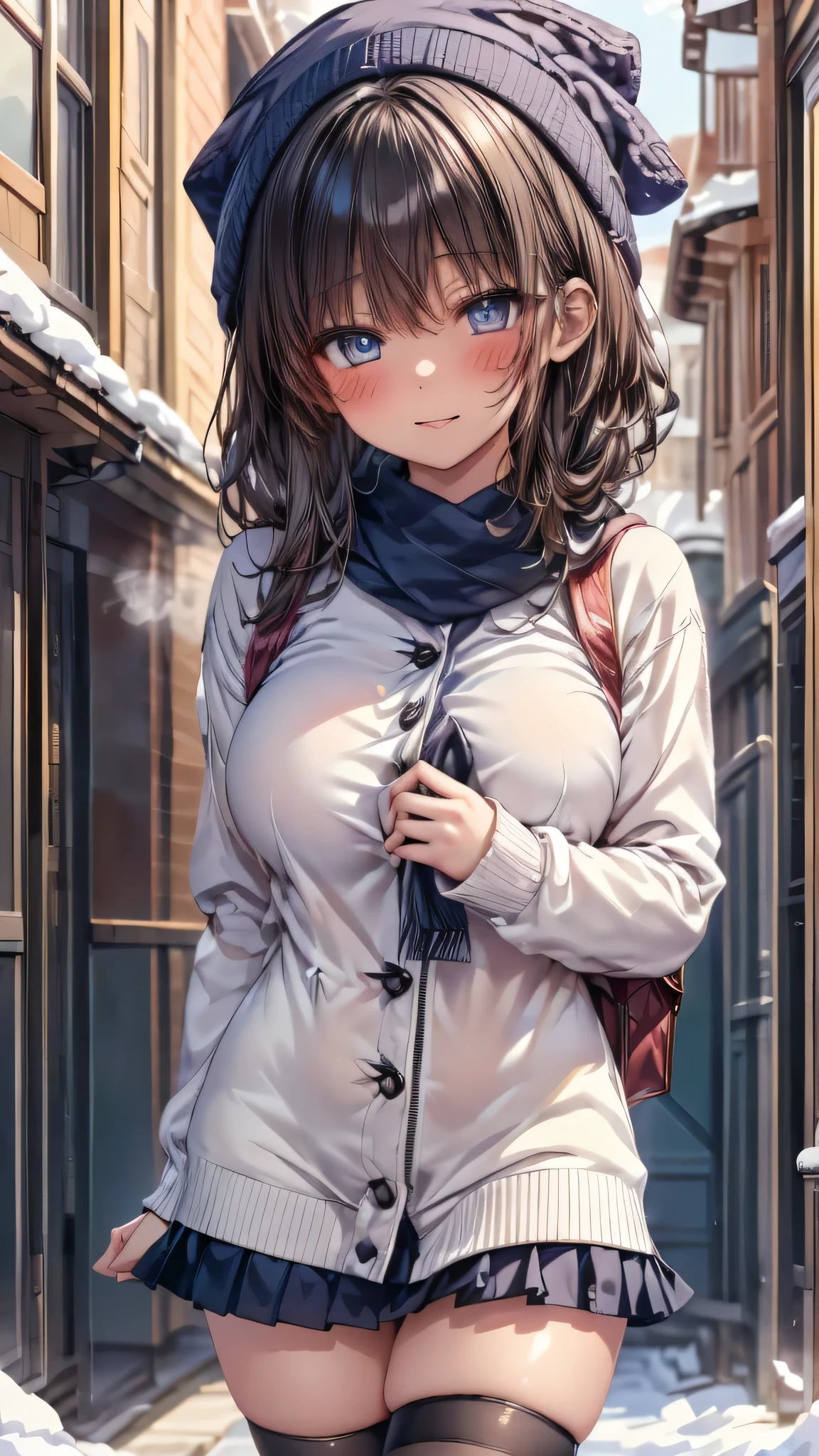 ((masterpiece, sidelighting, finely detailed beautiful eyes: 1.2)), (anatomically collect:1.3), Extremely cute, (extremely detailed beautiful face), (Authentic skin texture:1.4), (outdoor, winter, snowy landscape, park:1.2), (1 hit school student girl:1.2), (large breasts:1.2), (slender body:1.2), (long wavy black hair:1.2), (duffel coat, woolen scarf, Woolly hat:1.2), (stockings, loafer:1.2), (blush cheek:1.4), (shy, happy), (face focus:1.2), school bag, (steam)