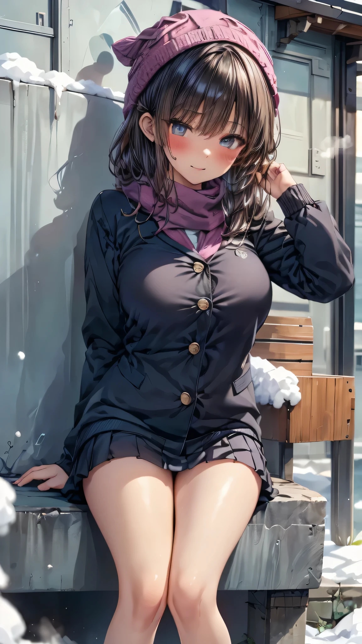 ((masterpiece, sidelighting, finely detailed beautiful eyes: 1.2)), (anatomically collect:1.3), Extremely cute, (extremely detailed beautiful face), (Authentic skin texture:1.4), (outdoor, winter, snowy landscape, park:1.2), (1 hit school student girl:1.2), (large breasts:1.2), (slender body:1.2), (long wavy black hair:1.2), (duffel coat, woolen scarf, Woolly hat:1.2), (stockings, loafer:1.2), (blush cheek:1.4), (shy, happy), (face focus:1.2), school bag, (steam)