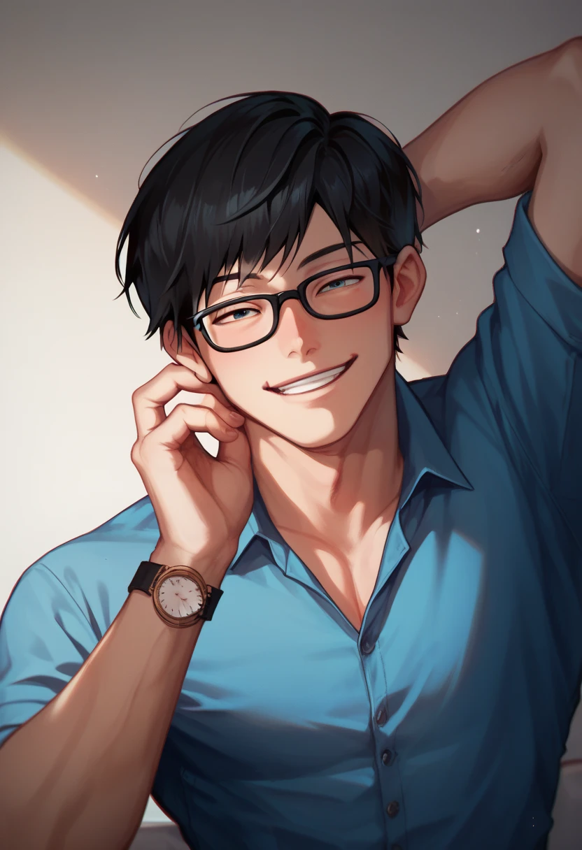 Guy, blue polo, cute posing, anatomy, good anatomy, perfect anatomy, male anatomy, glasses, black hair,