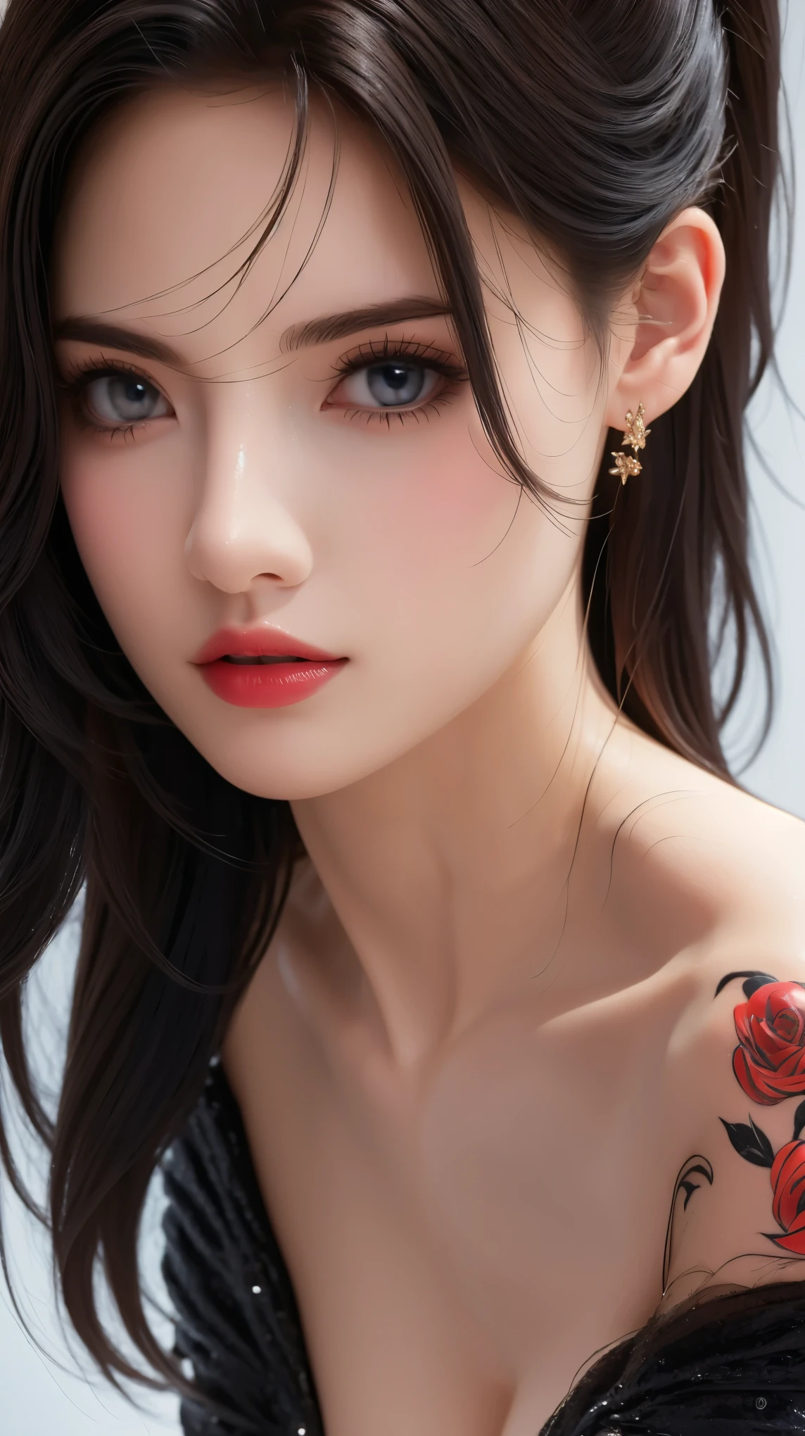 Game Art,Best image quality,Maximum resolution,8k,(A bust photo),(portrait),(Head close-up),(Rule of Thirds),Unreal Engine 5 rendering works,20 year old girl,((Queen)),The eyes are very detailed,(Large Breasts),Elegance and nobility,Movie Lighting,Ray Tracing,Game CG,((3D Unreal Engine)),OC rendering reflection mode,4K,Ultra-clear,Sensual,Translucent lace,Fair and plump figure,Pretty Face,Glossy Gel Coat,Queen in a luxurious gown,Crystal Gem Crown,Necklace jewelry,blue eyes,Black tattoo(whole body),The tattoo is very three-dimensional,Gorgeous and intricate tattoo designs,Ultra-clear portrait,Sexy thick lips(Red lipstick),The body has a tattoo