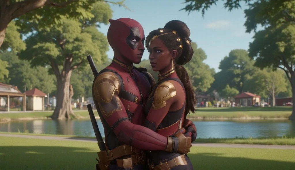 deadpool and Mel Medarda hugging each other at the park, realistic