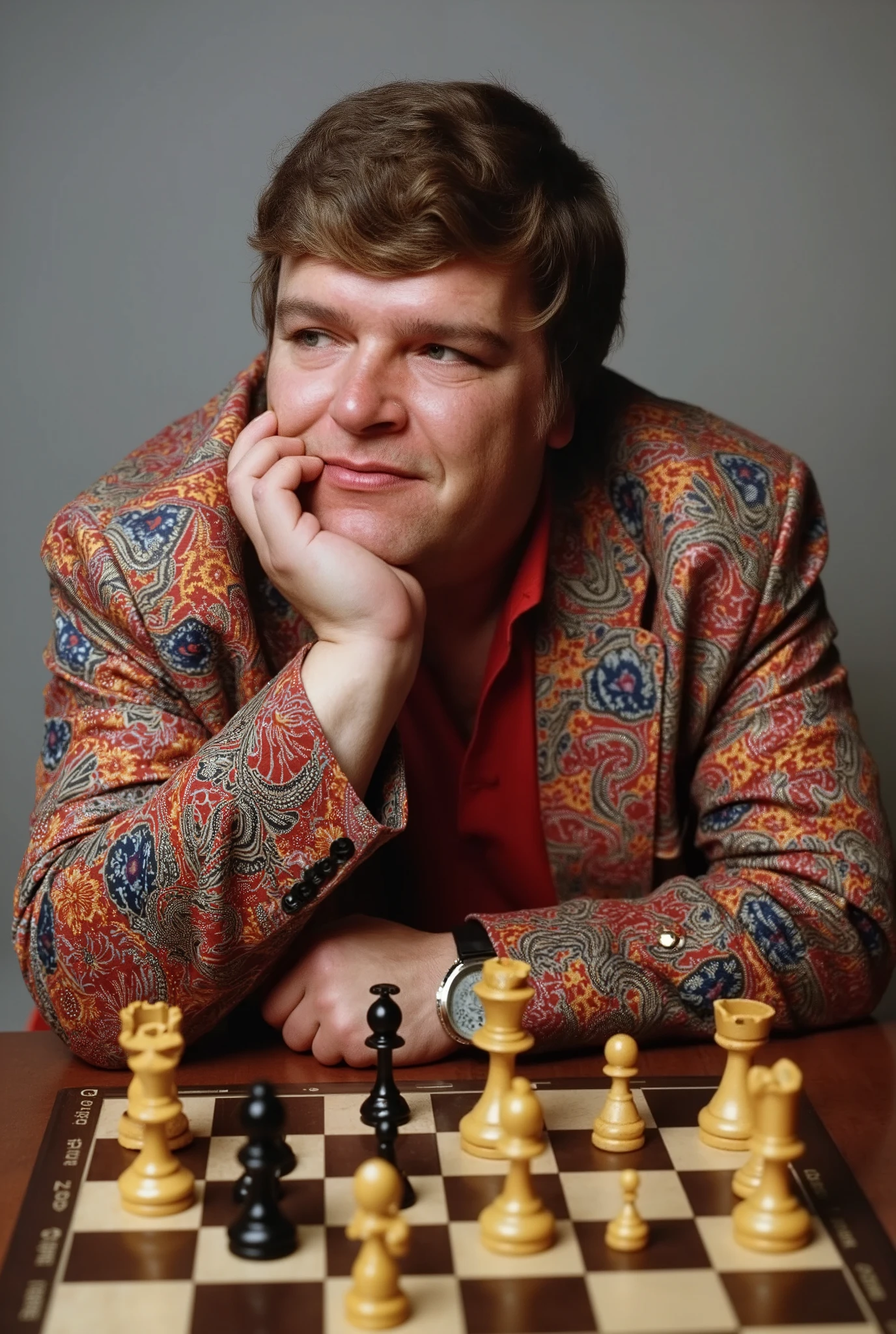 The image is a high-resolution photograph of Jocky Wilson sitting behind a chess board wearing a paisley smoking jacket, chin resting on his hands, looking down contemplatively,