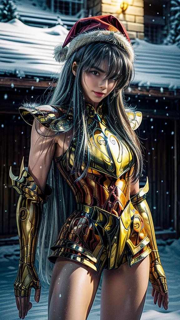 Ultra high saturation（masterpiece）， Full body photo，（The best quality）， （1 girl），White hair,  realistic, (1 woman), hiper realistic, Wearing a shiny golden armorSexy lingerie type armor，expose your chest，Expose the waist，Exposing the thighs，Pose genial， Saint Seiya Armor，violet hair，High level of detail, realistic style, cinematic lighting, Shine, Light of God, ray tracing, film grain, HD Hypertelevision, skin texture, Super detailed, Anatomically correct, A high resolution，yellow eyes, Ultra high saturation，high contrast，High gloss armor，Soft leather，An insidious smile，Mentir de manera realistic，（masterpiece，Upper Cuority，The best quality，official art，Beauty and aesthetics：1.2），He is very detail-oriented.，s fractal art，extremely colorful, breasts, big breasts, 8K, high resolution. ,mountain ,snow, snowy, winter,, horn Taurus saint gold, ((wearing red hat santa claus)) 