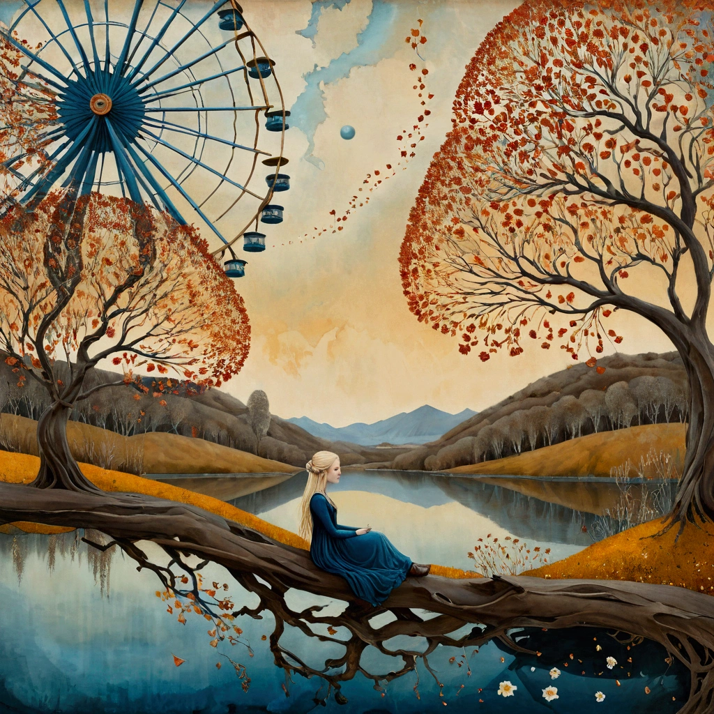 oil and acrylic painting. In the style of Andy Kehoe and Tracy Grimwood, Catrin Welz-Stein, Klimt. wide shot of a (Blue-eyed blonde woman) sitting in a large Ferris wheel on the shore of a lake in autumn afternoon. Twisted trees, branches are transparent blown glass expanding skyward in ellipses. Dandelion blossoms, poppies, pampas grass, cherry blossoms, dried flowers bloom. Disc-shaped polychrome sun buds with marbled spirals, sunbeams like strands of coral, vitrified ambers. Warm colors, ochre yellows, browns, shades of blue, reds.
