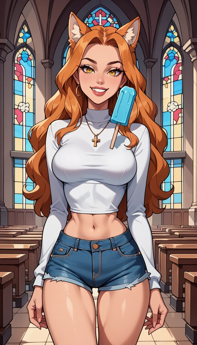 1 woman , Alone, extreme detail,  masterpiece ,  best quality , beautiful,  high resolution image , Assessment_explicit,  malevolent smile  , Expression parted lips , yellow eye, Wolf ears , Licking a blue popsicle , one leg in front ,  to look sexy, in a church,  short and tight denim shorts,  long sleeve white shirt ,  wide hip