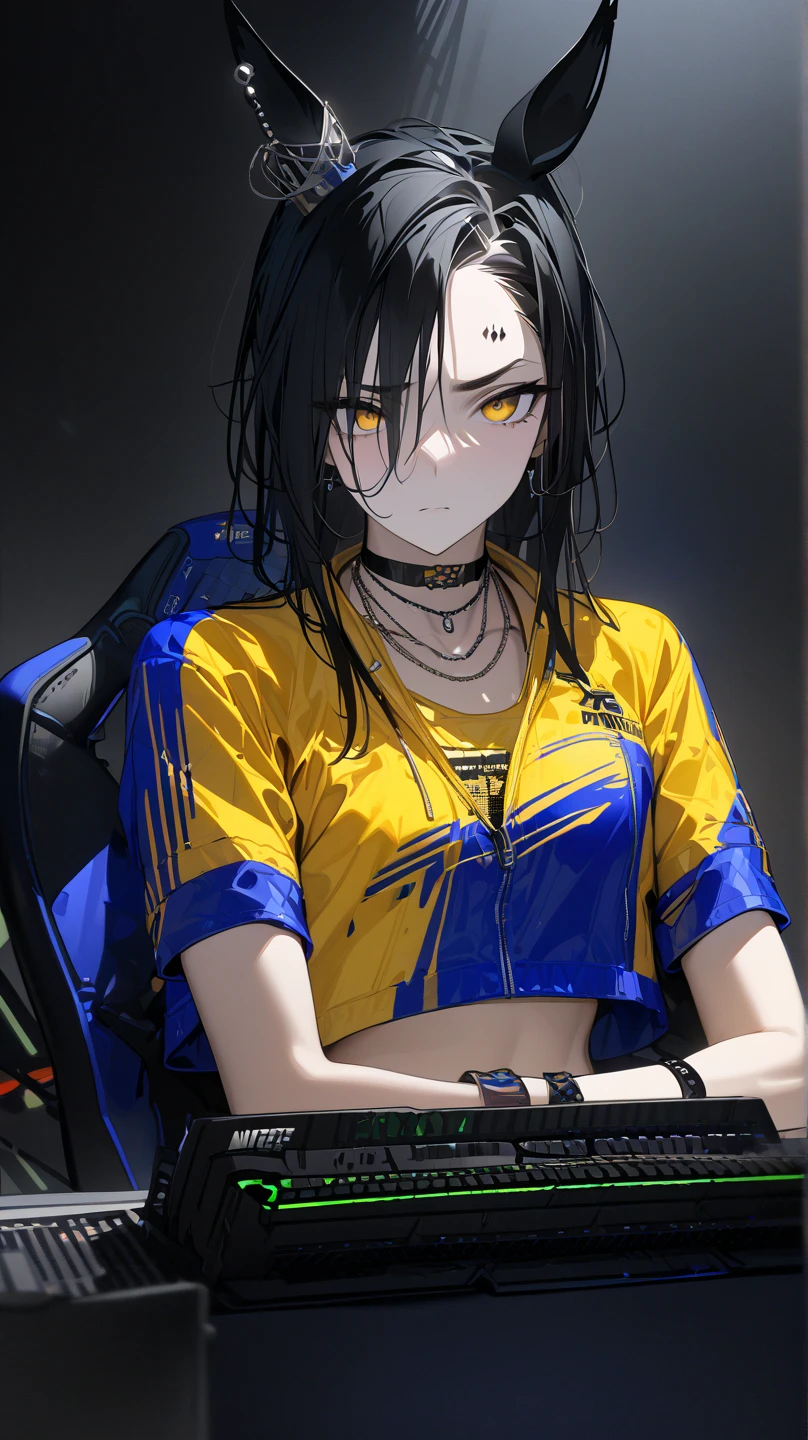  top quality , masterpiece,  high definition ,  Ultra Fine,, accurate, masterpiece, 
Dark interior, Dark Background,
 sitting,  Gaming Chair,  Gaming Chairに sitting,serverルーム, server,  keyboard \( computer \),  Monster Energy, cool woman ,
 yellow shirt,  yellow tank top,  side cutouts ,  black choker,  necklace, Short sleeve, Shoulder cutting,  crop top, Blue Collar,  cropped jacket,  black jacket,  open jacket, zipper,  wristbands,  bracelet, belt,
Horse ears, silver piercing above left eyebrow, closeup ,Hands in pockets, 1 girl, solo,  flat chested, with a little bit of sadness,  golden eyes, 