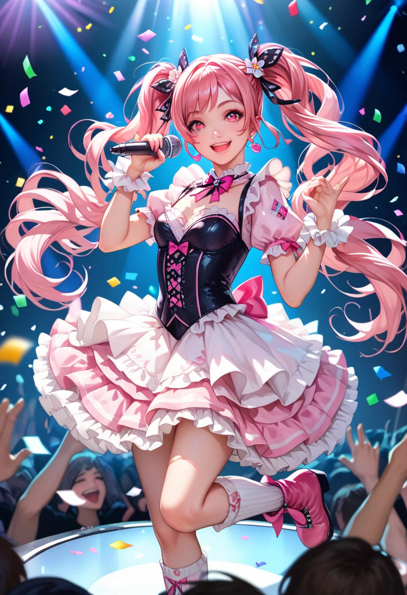 (Must-have items), ( top quality ),  very detailed, (( 1 girl)),   solo full body shot，viewer&#39;s perspective，Dancing，(smile)，， perfect face,  beautiful face,  very detailedな顔，(( pink hair_Curl Twintail Long Hair _ pink eye:1.3))， Gorgeous idol costume ， frill skirt ，The only idol，  ribbon hair ornament，Ribbon Boots， Knee High Socks，Concert Dome，Live， has a microphone，Singing ，口を大きく開けてsmile，Laser light，  Spotlight ，Many confetti、Lots of feathers dancing 