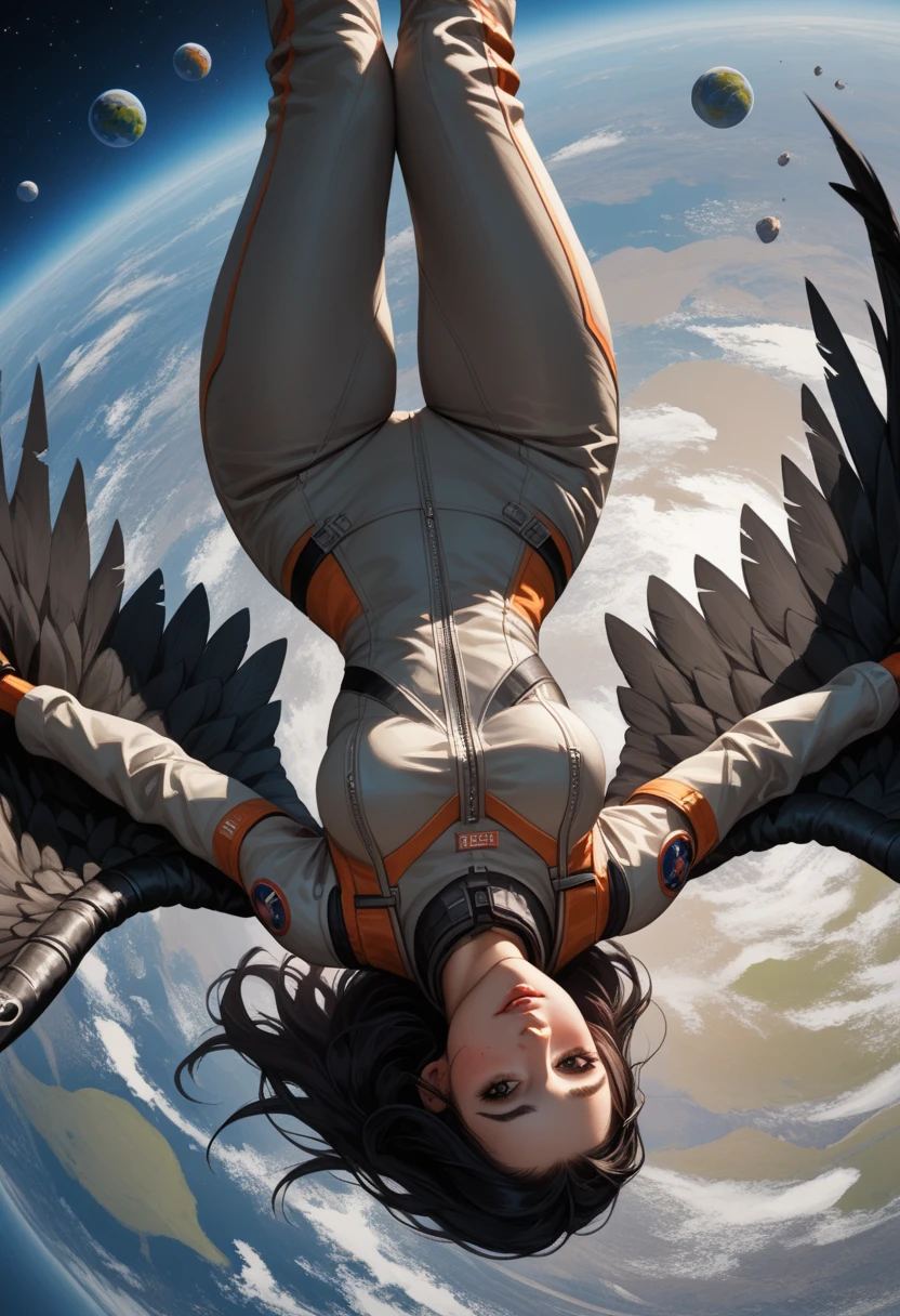 Score_9, score_8_up, score_7_up, 1woman, in free fall, viewed from above, back turned to viewer, looking away from viewer, high altitude view, plummeting head first towards Earth,upside down , the curve of the planet is visible, dressed in modern space suit, ((black wings extend from her back)), (wings are burning and damaged:1.3)