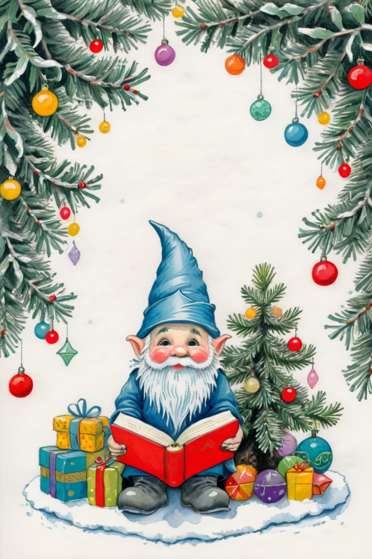  gnome under the Christmas tree,  book illustration , naive art, Minimalism,  primitivism , Surrealism, zentangle,  Graphics , pastel,  white , Grisaille , pastel, parchment paper 