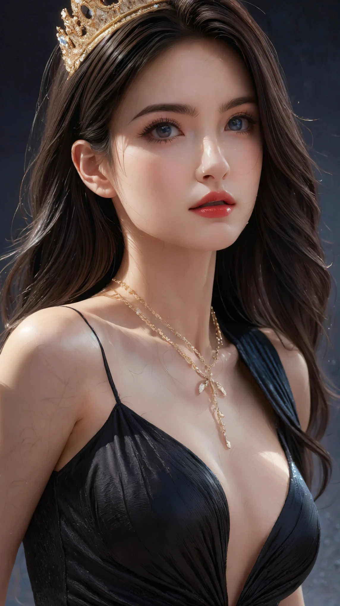 Game Art，Best image quality，Maximum resolution，8k，(A bust photo)，(portrait)，(Head close-up)，(Rule of Thirds)，Unreal Engine 5 rendering works，20 year old girl，((Queen))，The eyes are very detailed，(Large Breasts)，Elegance and nobility，Movie Lighting，Ray Tracing，Game CG，((3D Unreal Engine))，OC rendering reflection mode，4K，Ultra-clear，Sensual，Translucent lace，Fair and plump figure，Pretty Face，Glossy Gel Coat，Queen in a luxurious gown，Crystal Gem Crown，Necklace jewelry，blue eyes，Black tattoo(whole body)，The tattoo is very three-dimensional，Gorgeous and intricate tattoo designs，Ultra-clear portrait，Sexy thick lips(Red lipstick)，The body has a tattoo