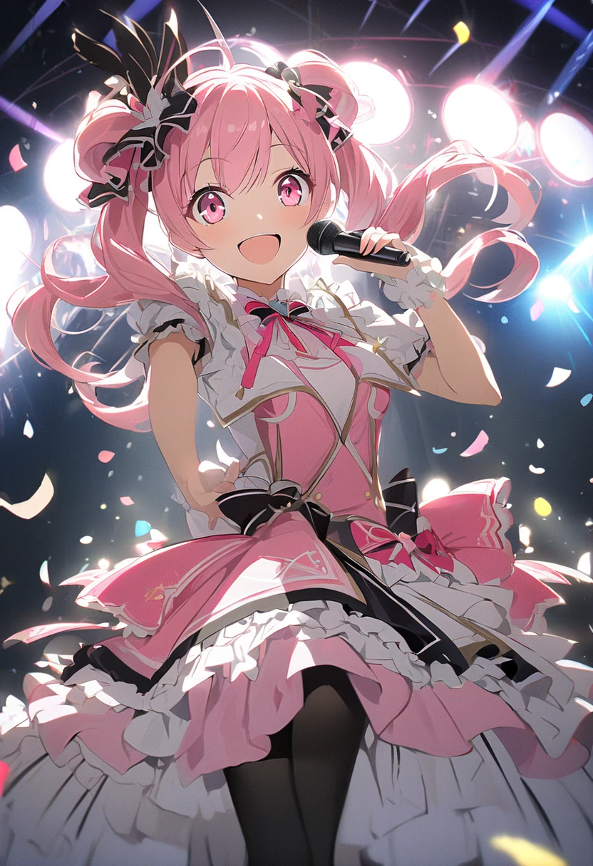 (Must-have items), ( top quality ),  very detailed, (( 1 girl)),   solo full body shot，viewer&#39;s perspective，Dancing，(smile)，， perfect face,  beautiful face,  very detailedな顔，(( pink hair_Curl Twintail Long Hair _ pink eye:1.3))， Gorgeous idol costume ， frill skirt ，The only idol，  ribbon hair ornament，Ribbon Boots， Knee High Socks，Concert Dome，Live， has a microphone，Singing ，口を大きく開けてsmile，Laser light，  Spotlight ，Many confetti、Lots of feathers dancing 