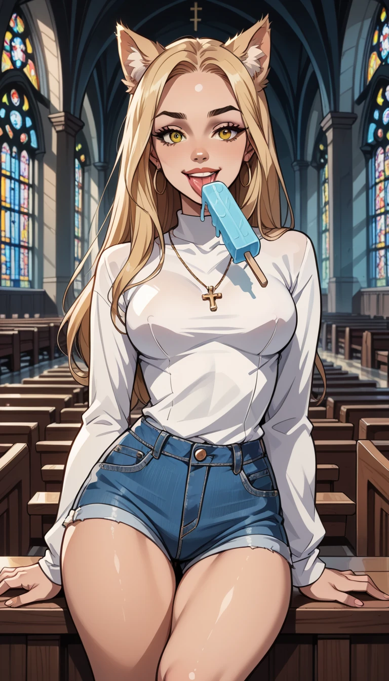 1 woman , Alone, extreme detail,  masterpiece ,  best quality , beautiful,  high resolution image , Assessment_explicit,  malevolent smile  , Expression parted lips , yellow eye, Wolf ears , Licking a blue popsicle , one leg in front ,  to look sexy, in a church,  short and tight denim shorts,  long sleeve white shirt ,  wide hip