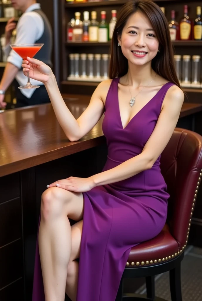  high definition ,  Anatomically Correct ,  top quality , accurate, A 45-year-old Japanese woman 、chest,  movie light effect, Purple Dress、 high heels、 necklace、 earrings、bar､indirect lighting、 is holding a cocktail、Straight Hair,  hair hanging over shoulders , Sit on a bar counter chair、 beautiful feet、 beautiful thighs、Wedding Rings、Deep slit、 smiles, 