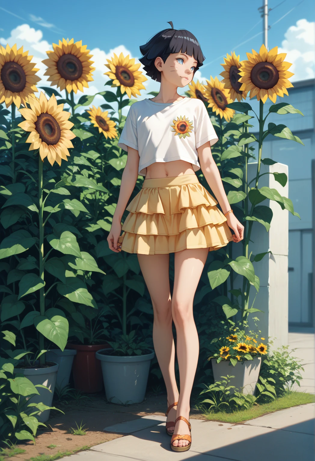 sunflower uzumaki,  black hair,  full body,  short skirt 