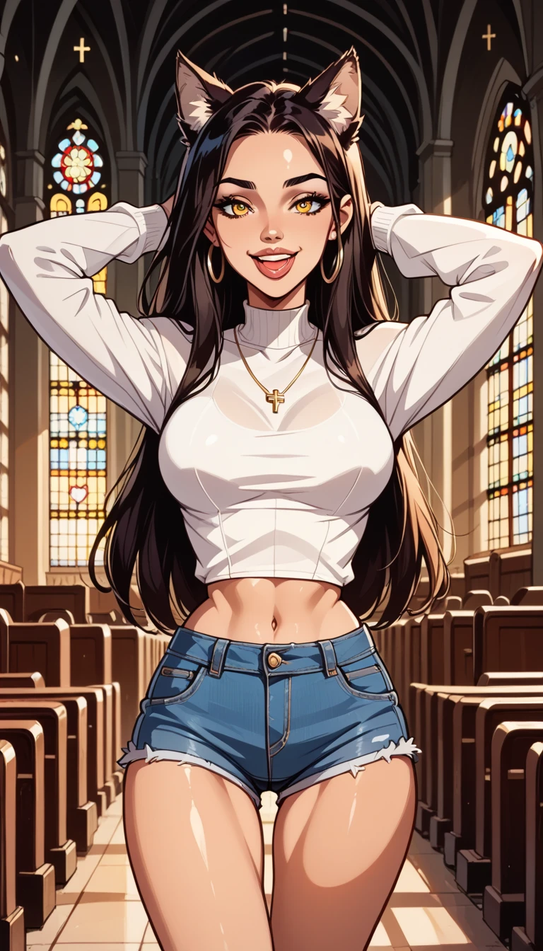 1 woman , Alone, extreme detail,  masterpiece ,  best quality , beautiful,  high resolution image , Assessment_explicit,  malevolent smile  , Expression half-open lips  , yellow eye, Wolf ears , Show her tongue ,  arms behind the head , one leg in front ,  to look sexy, in a church,  short and tight denim shorts,  long sleeve white shirt ,  wide hip