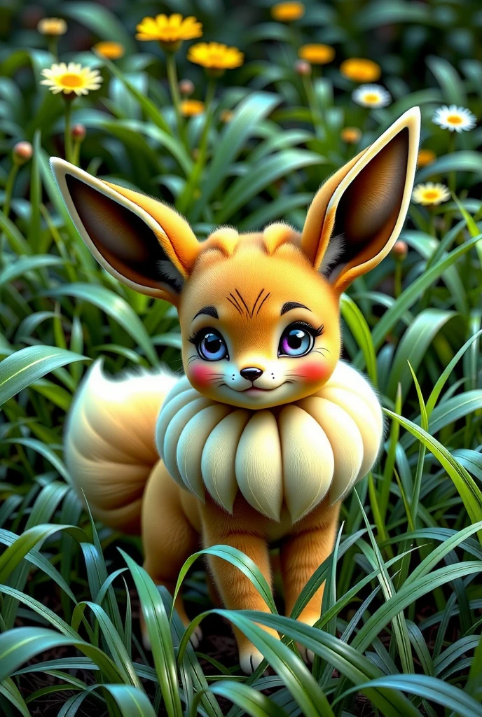 A realistic depiction of a young, light brown Pokémon, likely an Eevee. It resembles a small fox. It has light brown, soft, fluffy fur with a thicker, beige mane on its neck. The ears are more pointed and velvety. It is centered in the image and standing on four legs. It has large, expressive, round, light violet eyes, and a slightly surprised or curious expression. Its fur is depicted with simple, solid colors of light tan and light brown with fluffier, yellowish fur on its body and tail. It has large, pointed ears and a fluffy tail. It is a friendly creature. Its environment is lush green grass, ideal for reflecting its adaptable and curious nature.