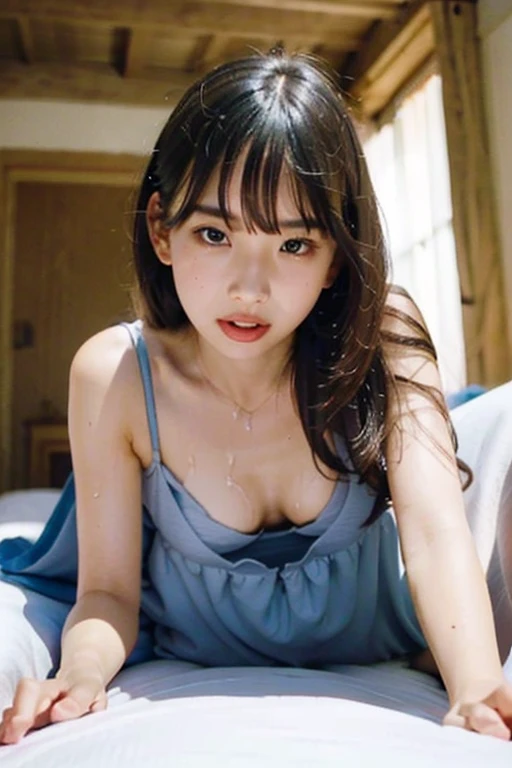 A woman in a revealing pink lingerie, small round breasts, delicate facial features, long eyelashes, sensual expression, reclining on a soft bed, moonlight streaming in through the window, glowing skin, ethereal atmosphere, cinematic lighting, highly detailed, photorealistic