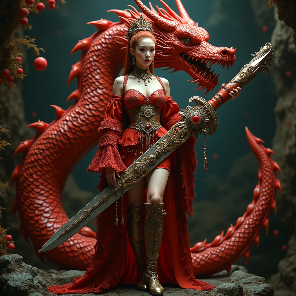 Professional , ​masterpiece、top-quality、photos realistic , depth of fields 、（Dragon Red Metal Body:1.９),(Enamel Red、（cleavage of the breast）、Dragon Gold Weapon、（Red Micro Bikini Armor:1.４),Gorgeous gold weapons ,（（ Dragon's dense and gorgeous sword）） , （demonic wings）、（（a blond））、（Castle background）、（（Gangle's forest background））、（（Fight dragons））、Beautiful Caucasian beauty、１a person、dynamic ungle,(((Detailed and ornate dragon helmet)))、Smaller head、A smile、Castle background、Thin and beautiful female hands、cleavage of the breast、Soldier in iron armor on background、Mystical expression、Light Effects、intense fighting、Wind-effect、magic circles、With the legendary magic wand、Dragon's tail、explosions、Anatomically correct body、