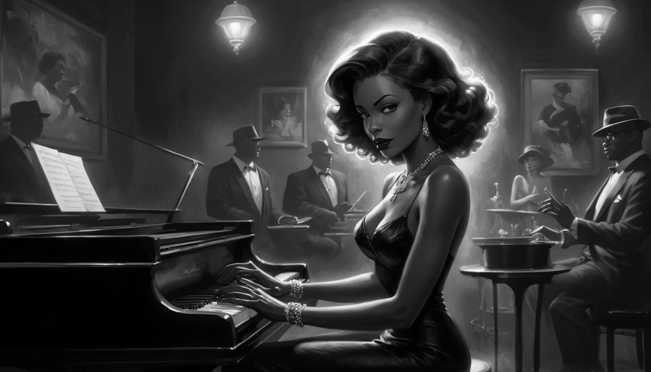 alabama bar, blue note, charismatic, baterist, guitarist, saxophonist, jazz band, bw, illustration, noir fantasy, singer lady,