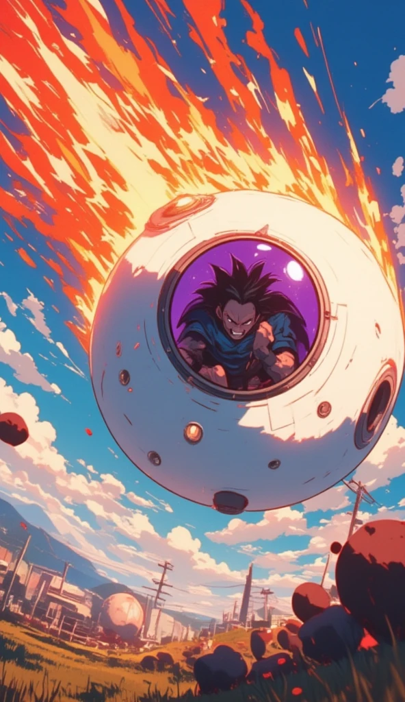 An anime of a spherical pod descending dramatically from the sky, trailing fiery comet-like streaks of orange and red flames and glowing embers. The pod is white and spherical, resembling a white tennis ball with a round purple window, showing a man with spiky hair sitting angrily within. Show the sky and the terrain with the pod high in the air. The scene captures speed and motion, with the pod angled diagonally downward, giving a sense of rapid descent. Motion blur and aerodynamic air friction wind effects can be seen.