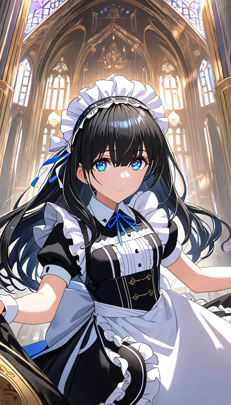 ((( top quality , 8k, masterpiece: 1.3)), (( top quality )), ((masterpiece)), (  Details),  perfect face, Long black haired maid, She is looking at me, Her rich hair flows ,  Ruffled Maid Outfit.  she serves the royal family,  high definition , textured skin,  anime style ,  shiny hair ,  long hair,  Maid's Headdress, blue eyes,  black hair,  hair between eyes,  headband  ,  long hair, Hair on the eyes 、