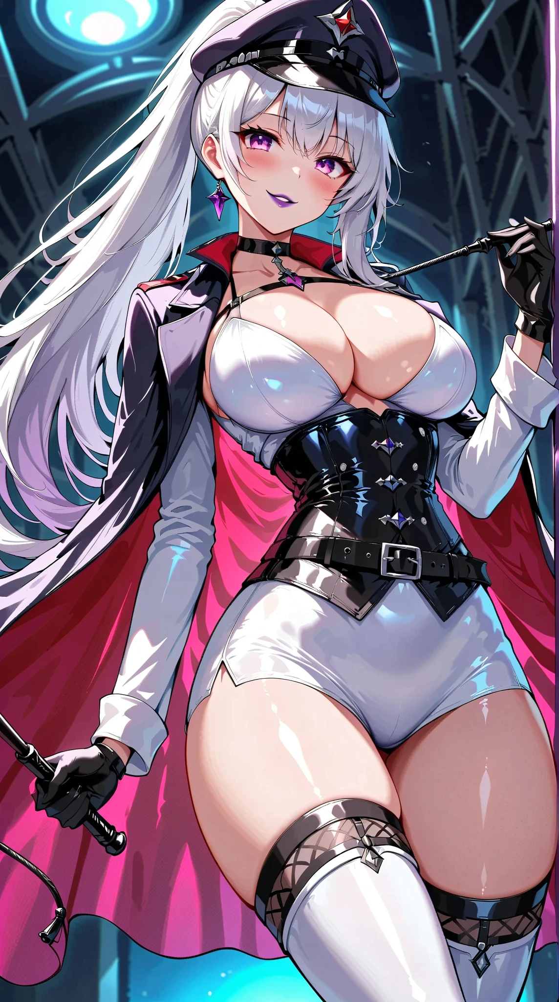  Young Beautiful Woman,(masterpiece:1.3, top quality :1.3, very detailed depiction:1.3, incredible high resolution :1.3,Beautiful legs, healthy legs,Curvaceous Body,,High quality anime drawings),( shiny white bondage corset with intricate structure:2.0,White Latex Tight Skirt :2.0,military hat,Military cloak,Black leather belt, leather thigh-high boots, long gloves, leather chokers ,White tights),( Silver Hair, ponytail,Purple Eyes,Crazy Eyes, your eyes are half closed:1.3, normal breasts, bewitching smile:1.3,glossy purple lipstick ,Shadowed face,High quality skin,Seductive gestures, holding a whip in her hand :1.3), full body image , is opening her mouth,background:Bedroom at night,Dim atmosphere,