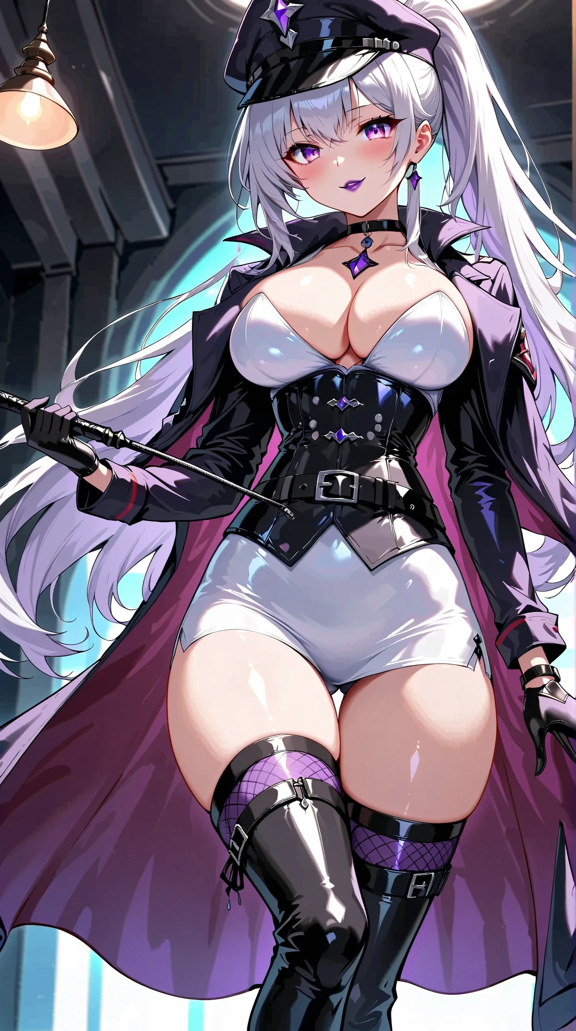  Young Beautiful Woman,(masterpiece:1.3, top quality :1.3, very detailed depiction:1.3, incredible high resolution :1.3,Beautiful legs, healthy legs,Curvaceous Body,,High quality anime drawings),( shiny white bondage corset with intricate structure:2.0,White Latex Tight Skirt :2.0,military hat,Military cloak,Black leather belt, leather thigh-high boots, long gloves, leather chokers ,White tights),( Silver Hair, ponytail,Purple Eyes,Crazy Eyes, your eyes are half closed:1.3, normal breasts, bewitching smile:1.3,glossy purple lipstick ,Shadowed face,High quality skin,Seductive gestures, holding a whip in her hand :1.3), full body image , is opening her mouth,background:Bedroom at night,Dim atmosphere,