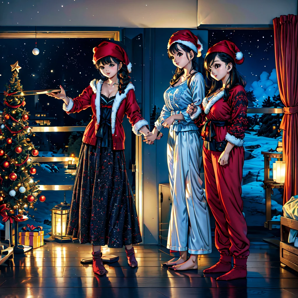 Two Women .(Nightsky) (8k)  Inside  room. Winter. Lace. standing sleeves pajama. Red. camisole. Line-up Group . Leggings. Braid (Selfee). Black. Yarn hat. Cardigan. Xmas