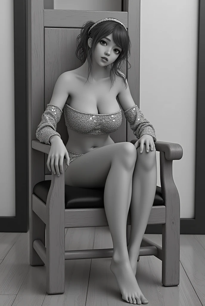 (best quality,4k,8k,highres,masterpiece:1.2),ultra-detailed,(realistic,photorealistic,photo-realistic:1.37),young woman,seated,wooden chair,high backrest,curved arms,long-sleeved off-the-shoulder top,sequins,shimmering texture,legs crossed,barefoot,toes slightly curled,calm and introspective expression,eyes looking directly into camera,loose tousled hair,delicate slender build,fair complexion,plain white wall,closed door to the left,dark wooden frame,black cushioned seat,light-colored flooring,wood flooring,quiet contemplation,poise and elegance,monochrome tones,enhanced textures,artistic feel,soft contrast,studio lighting,sharp focus,physically-based rendering,extreme detail description,professional,vivid colors,bokeh,portraits,photography