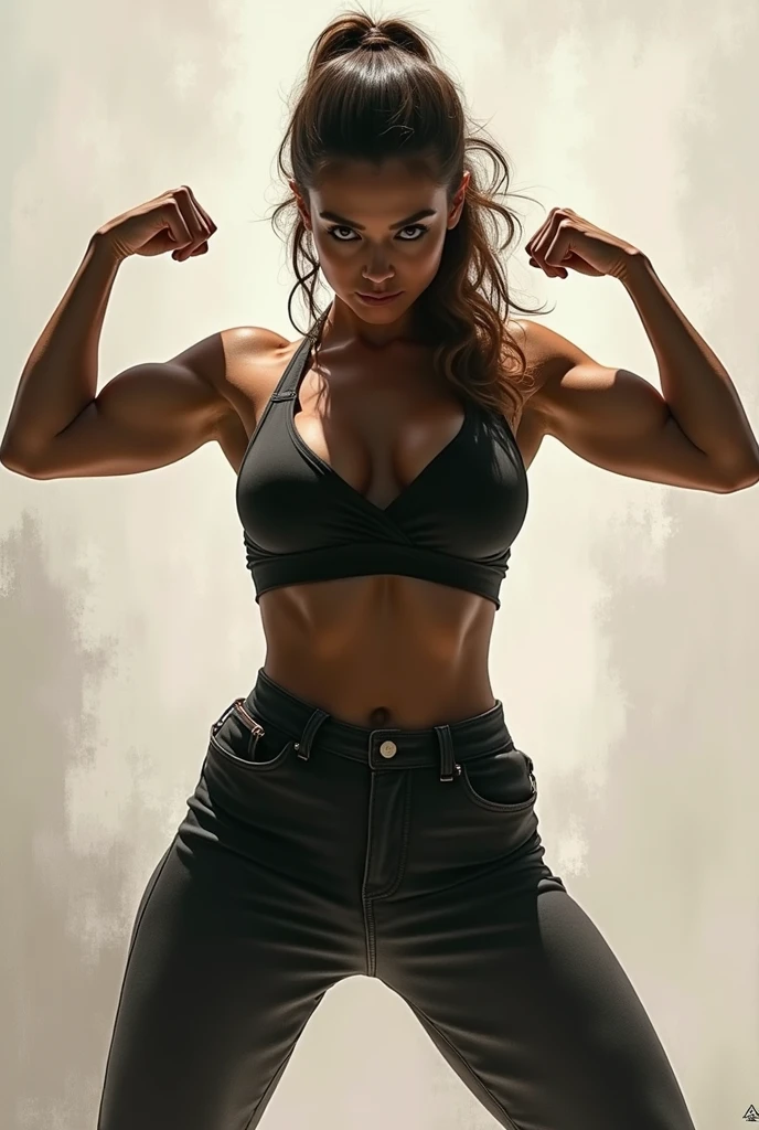 muscle spoty woman victory pose big pecs