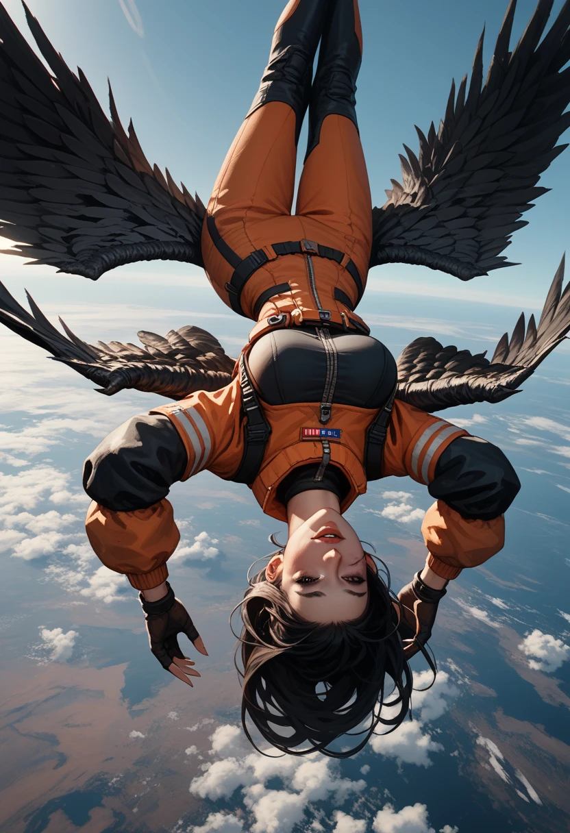 Score_9, score_8_up, score_7_up, 1woman, in free fall, viewed from above, back turned to viewer, looking away from viewer, high altitude view, plummeting head first towards Earth,upside down , the curve of the planet is visible, dressed in modern space suit, ((black wings extend from her back)), (wings are burning and damaged:1.3)