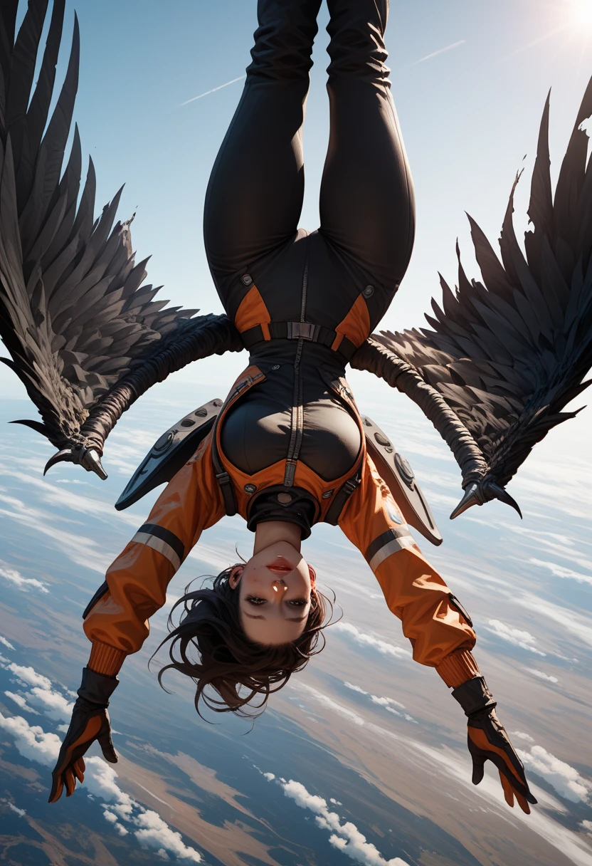 Score_9, score_8_up, score_7_up, 1woman, in free fall, viewed from above, back turned to viewer, looking away from viewer, high altitude view, plummeting head first towards Earth,upside down , the curve of the planet is visible, dressed in modern space suit, ((black wings extend from her back)), (wings are burning and damaged:1.3)