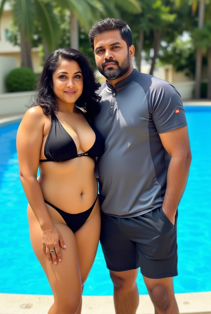 Kerala mature straight couple realistic photo in near kerala swimming pool.no ornaments. Female is mature curvy chubby. She wering a black bikini, very deep clevage and navel showing, barefoot,Male with beard. Front pose photo. Realistic.front photo.wearing wet jersey and sports shorts