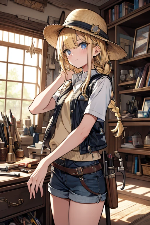 masterpiece, highest quality, Very detailed, 16k, Ultra-high resolution, Cowboy Shot, One  girl, Detailed face, Perfect Fingers, Golden Eyes, Blonde, Braid, A vest with many pockets, Shorts, Exploring knife, Safari Hat, compass, telescope, map, A cluttered room with lots of small items, Organizing tools