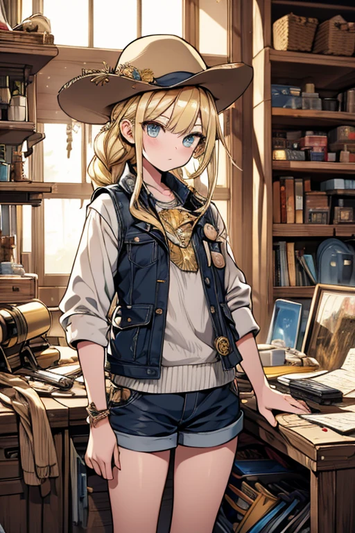 masterpiece, highest quality, Very detailed, 16k, Ultra-high resolution, Cowboy Shot, One  girl, Detailed face, Perfect Fingers, Golden Eyes, Blonde, Braid, A vest with many pockets, Shorts, Exploring knife, Safari Hat, compass, telescope, map, A cluttered room with lots of small items, Organizing tools