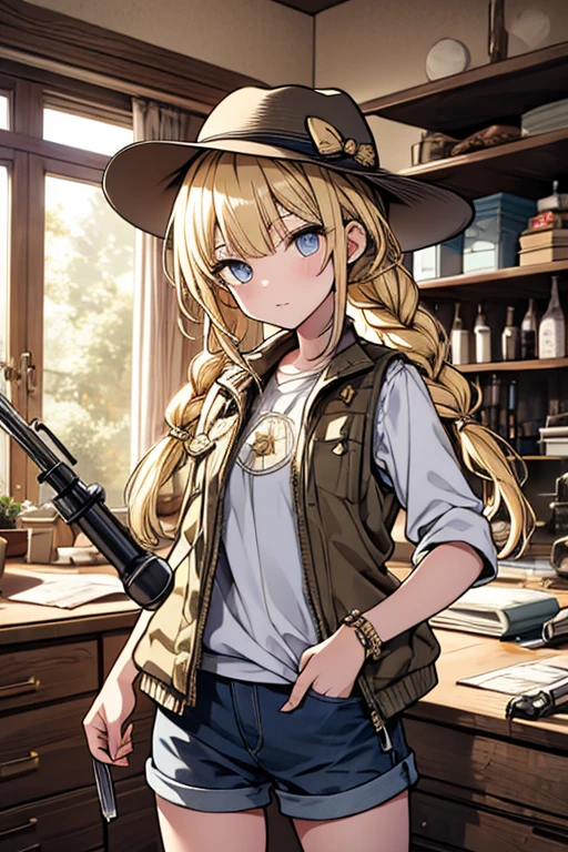 masterpiece, highest quality, Very detailed, 16k, Ultra-high resolution, Cowboy Shot, One  girl, Detailed face, Perfect Fingers, Golden Eyes, Blonde, Braid, A vest with many pockets, Shorts, Exploring knife, Safari Hat, compass, telescope, map, A cluttered room with lots of small items, Organizing tools